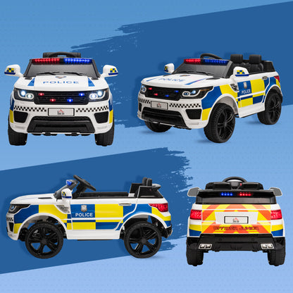 12V Kids Portable Electric Ride On Police Car with Parental Remote Control Siren Flashing Lights USB Bluetooth White