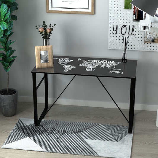 HOMCOM Black Study Desk, w/Glass Top with World Map Printing Working Station Home Office Metal Frame Easy Assembly 