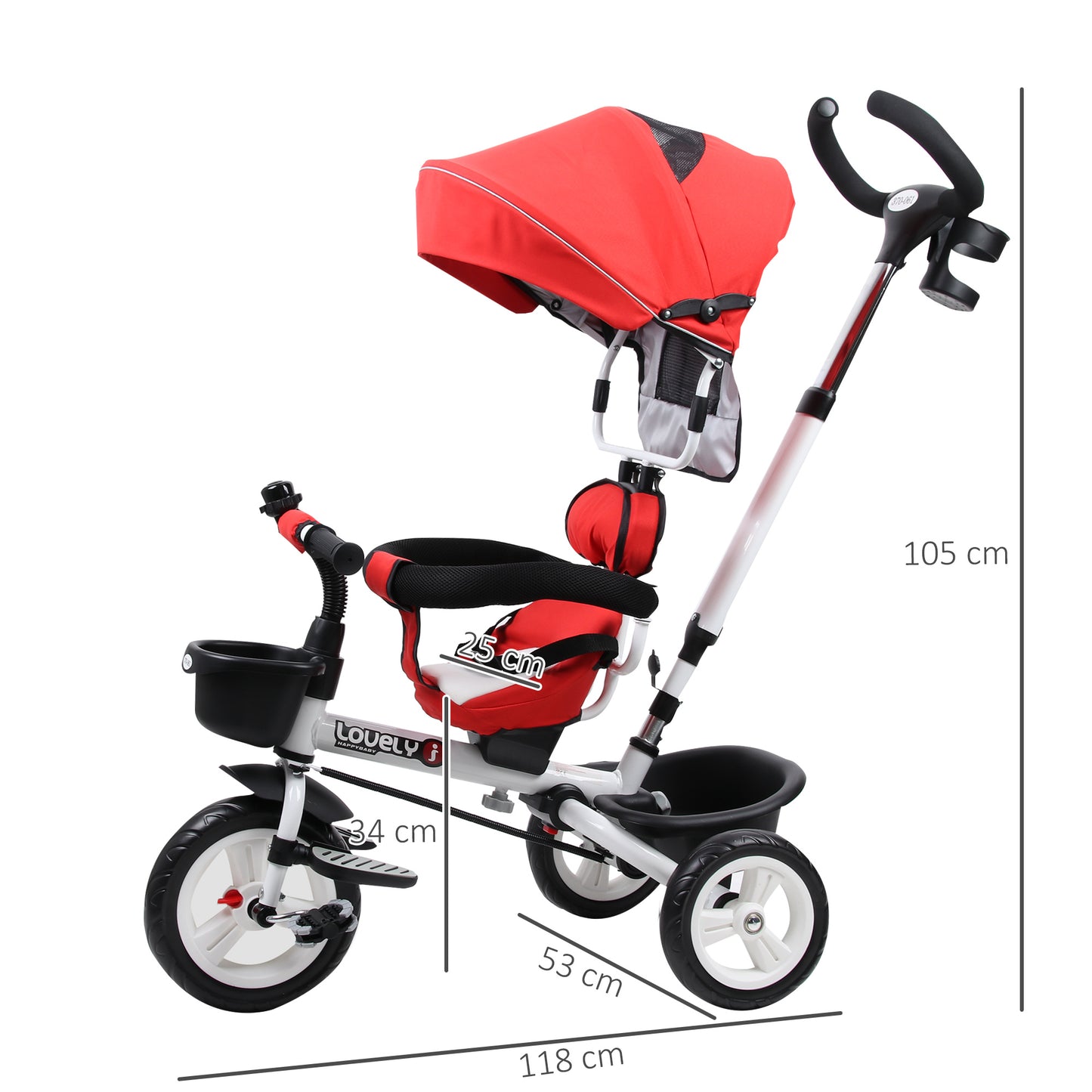 4-in-1 Baby Tricycle Stroller Kids Folding Trike Detachable Canopy Pushing Handle Learning Bike Ride On Red w/ 2 Colors