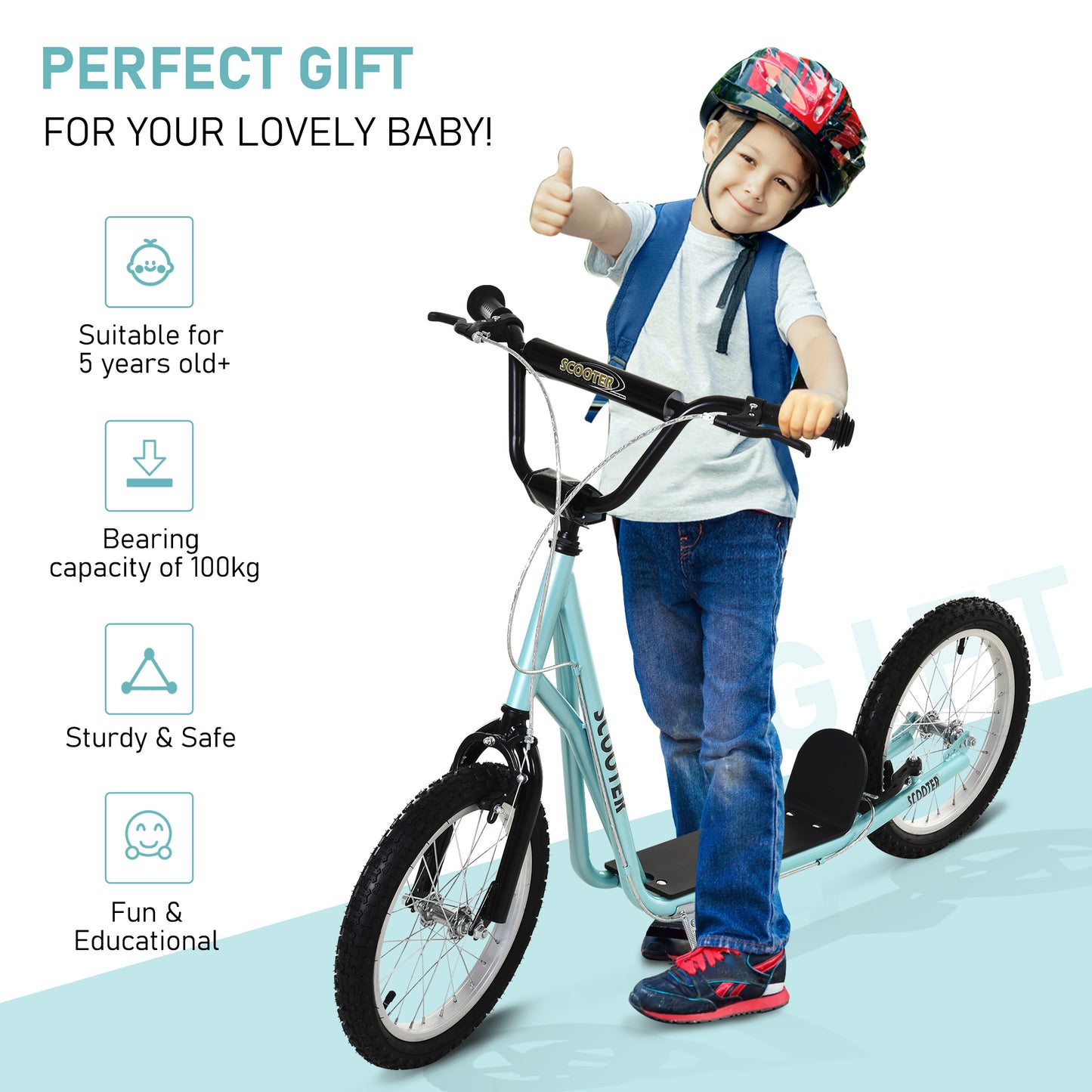 Bicycle Scooter, Kick Scooter for Kids, Big Wheel, Steel Frame Adjustable Blue