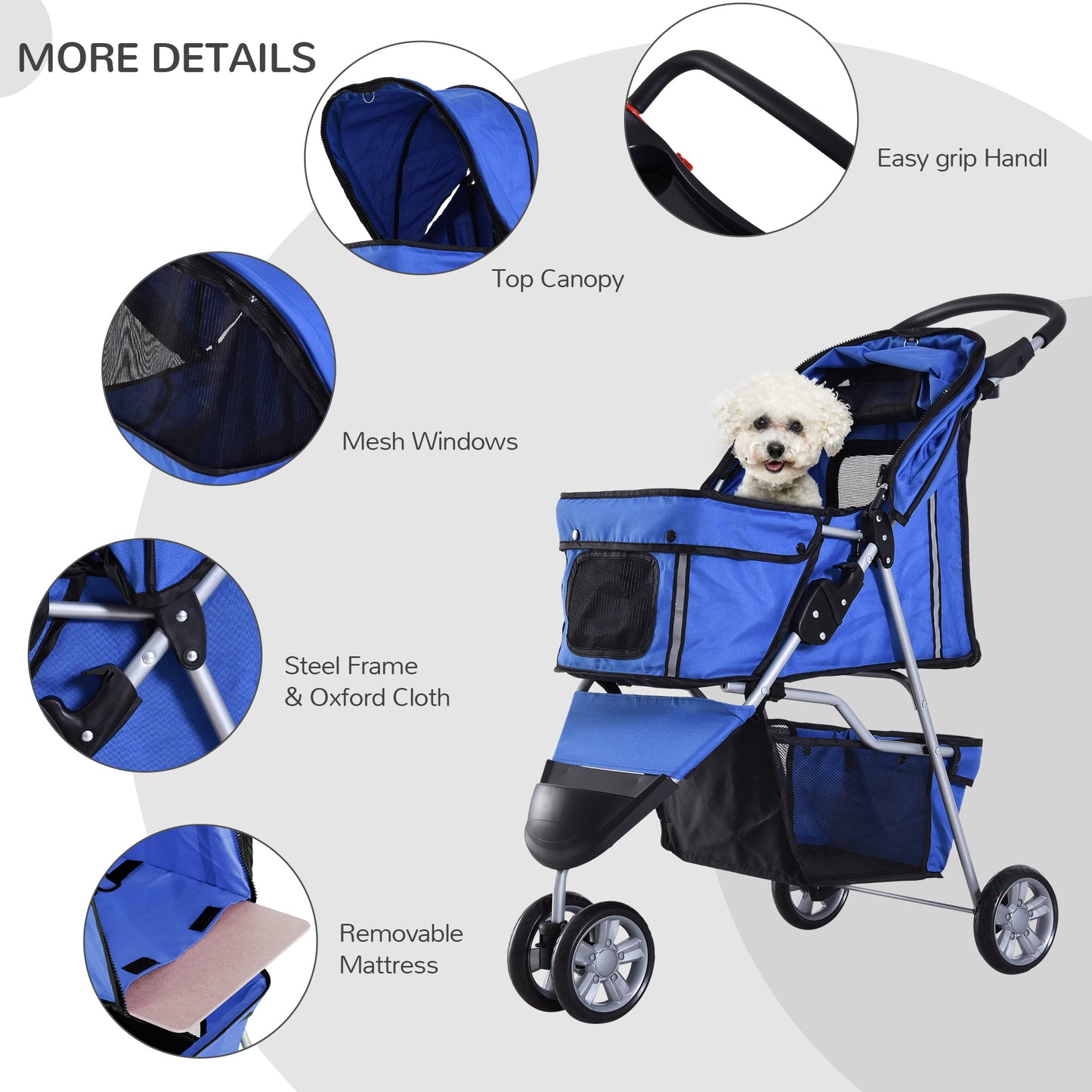 Cat Stroller Pram  Pushchair, Foldable, W/Three Wheels-Blue