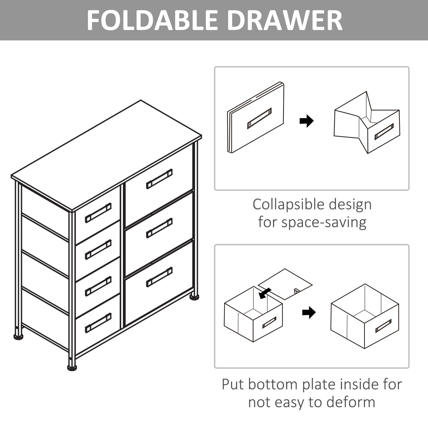 7 Drawer Chest, Fabric Drawers, w/Metal Frame Adjustable Feet White Oak &Light Grey