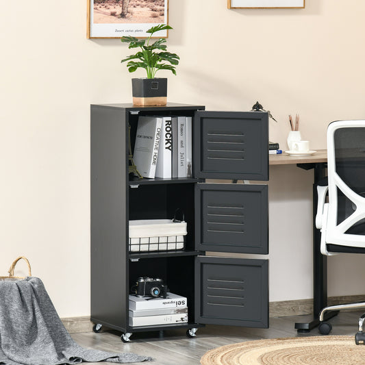 HOMCOM Rolling Storage Cabinet 3-Tier Mobile File Cabinet with Wheels & Metal Doors for Home Office, Living Room, Black 