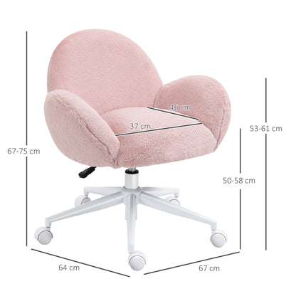 Pink Desk Chair, Faux Fur for Girls, Ladies Home Living Room with Wheels, Pink