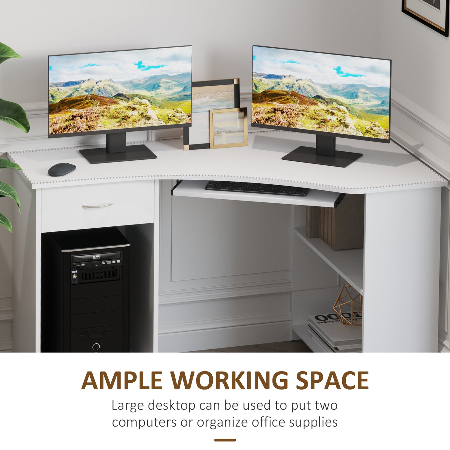 L-Shaped Corner Computer Desk & 2-Tier Side Shelves Wide Table Top with Keyboard Tray, Drawer & CPU Stand    Aosom IE