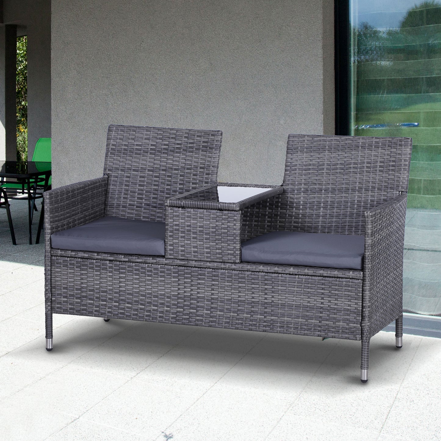 2-Seater PE Rattan Outdoor Garden Bench w/ Centre Table Grey