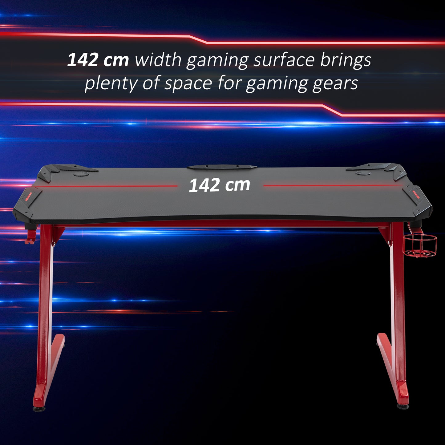 Computer and Gaming Desk,  142cm Width Large Tabletop with Cup Holder, Headphone Hook, Gamepad Holder