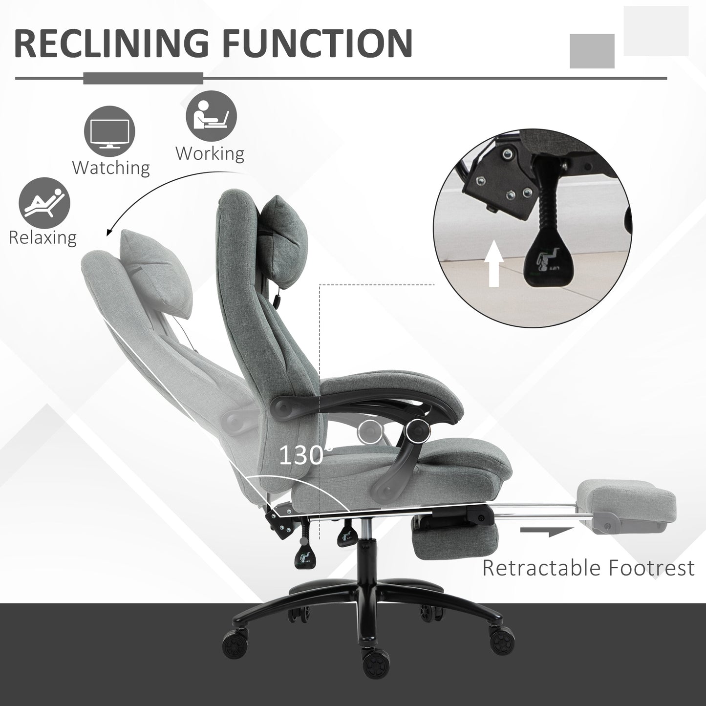 Office Chair with Footrest, Two-Point Massage Pillow, 130° Reclining, Linen, Adjustable Height, Grey