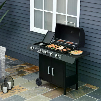 4+1 Gas BBQ Grill with Wheels, Steel-Black 