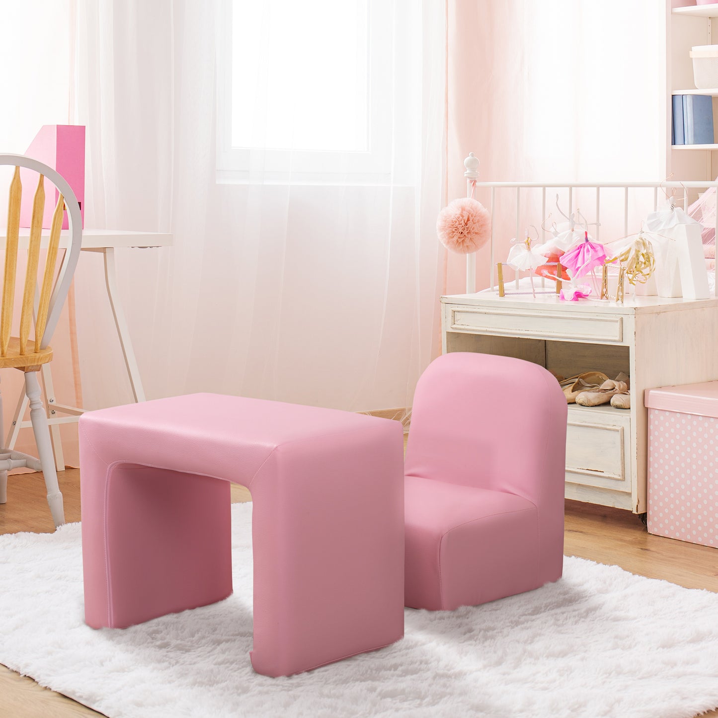 HOMCOM Toddlercouch, Childrens Sofa Chair, Kids Table and Chair Set, 3 In 1, PVC-Pink   