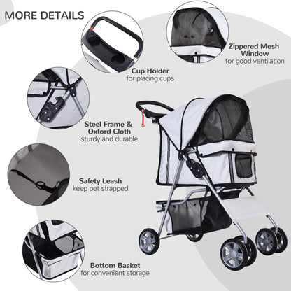 Cat Pushchair, Foldable, W/ 4 Wheels - Grey & Silver