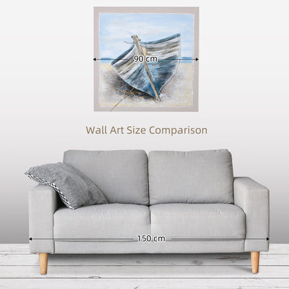 Paintings for Living Room, Bedroom Wall Decor, Hand-Painted Canvas Wall Art Blue Boat in the Beach, 90 x 90 cm