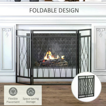 Fireplace Guard, 3-Panel Folding Fireplace Screen, Metal Mesh, 126 x 80cm, Black