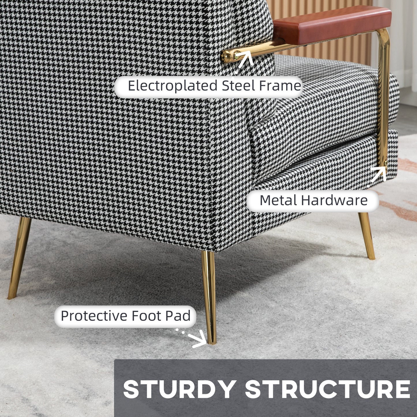 Modern Accent Chair Linen Fabric Armchair with Houndstooth Pattern Gold Steel Legs for Living Room and Bedroom