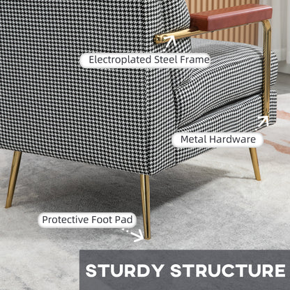 Modern Accent Chair Linen Fabric Armchair with Houndstooth Pattern Gold Steel Legs for Living Room and Bedroom