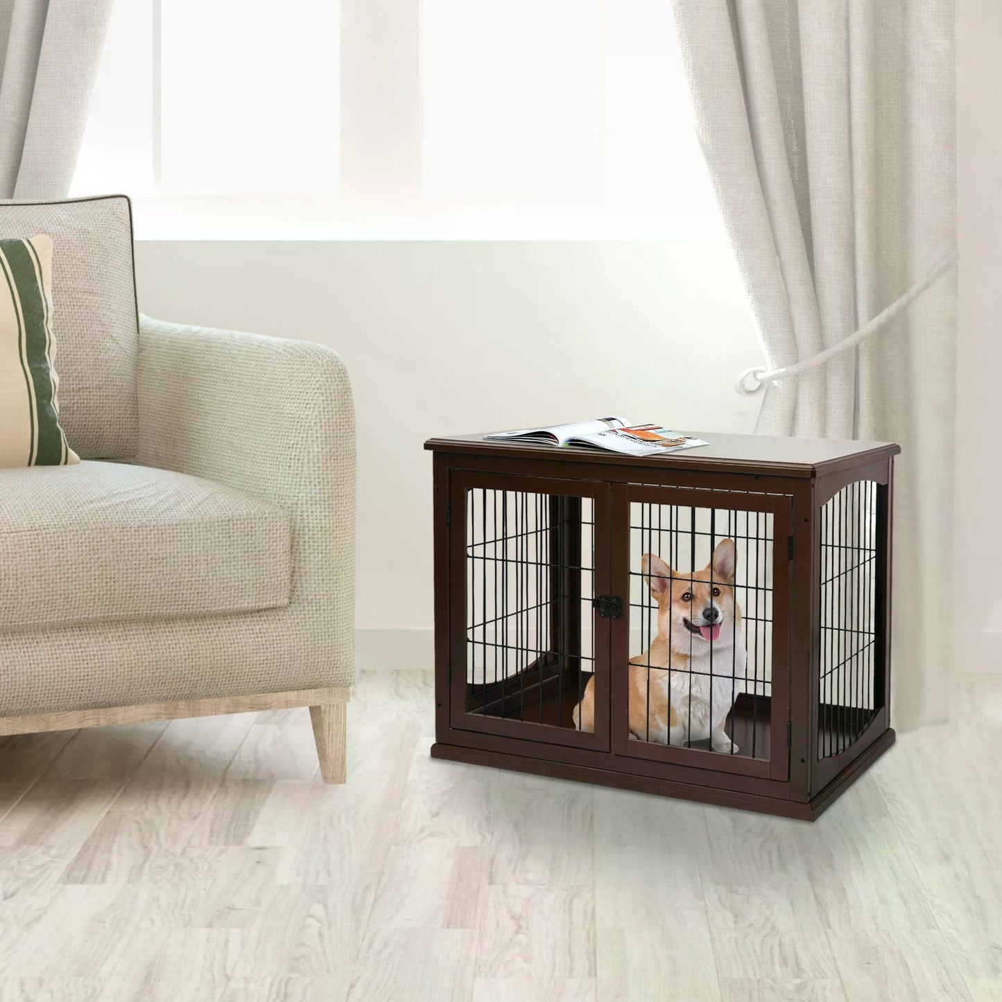 PawHut Small Dog Wooden Crate, 66cm Indoor w/ Metal Wire 3 Doors Latches Base Brown