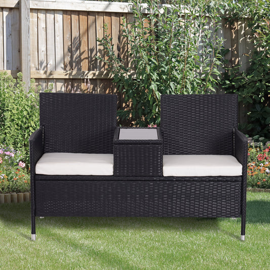 Outsunny Garden Rattan 2 Seater Companion Seat Wicker Love Seat Weave Partner Bench w/ Cushions Patio Outdoor Furniture Black 