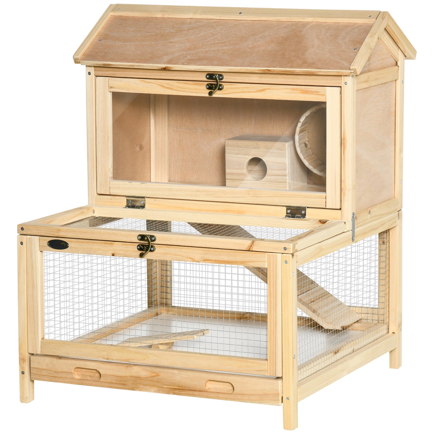 Hamster House, Wooden, Mice Rodent Small Animals Hutch Double Layers Exercise Play House 63.5 x 62 x 78 cm Natural