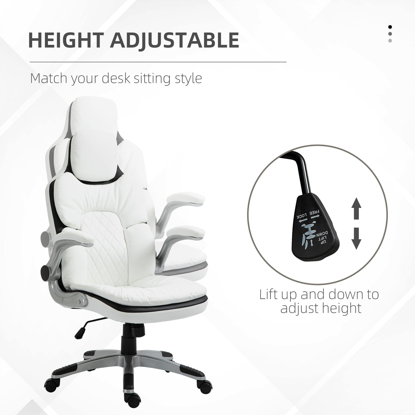 High Back Office Chair 360° Swivel Rocking Height Adjustable with Adjustable Armrest PU Leather White