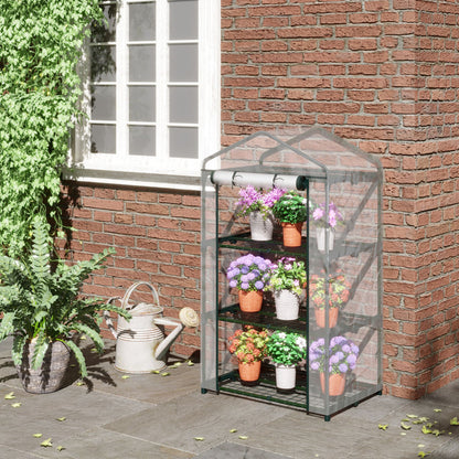 Outsunny Small Green House, 3 Tier, Portable, Garden Grow House w/ Roll Up Door & Wire Shelves 69L x 49W x 125H cm Clear 