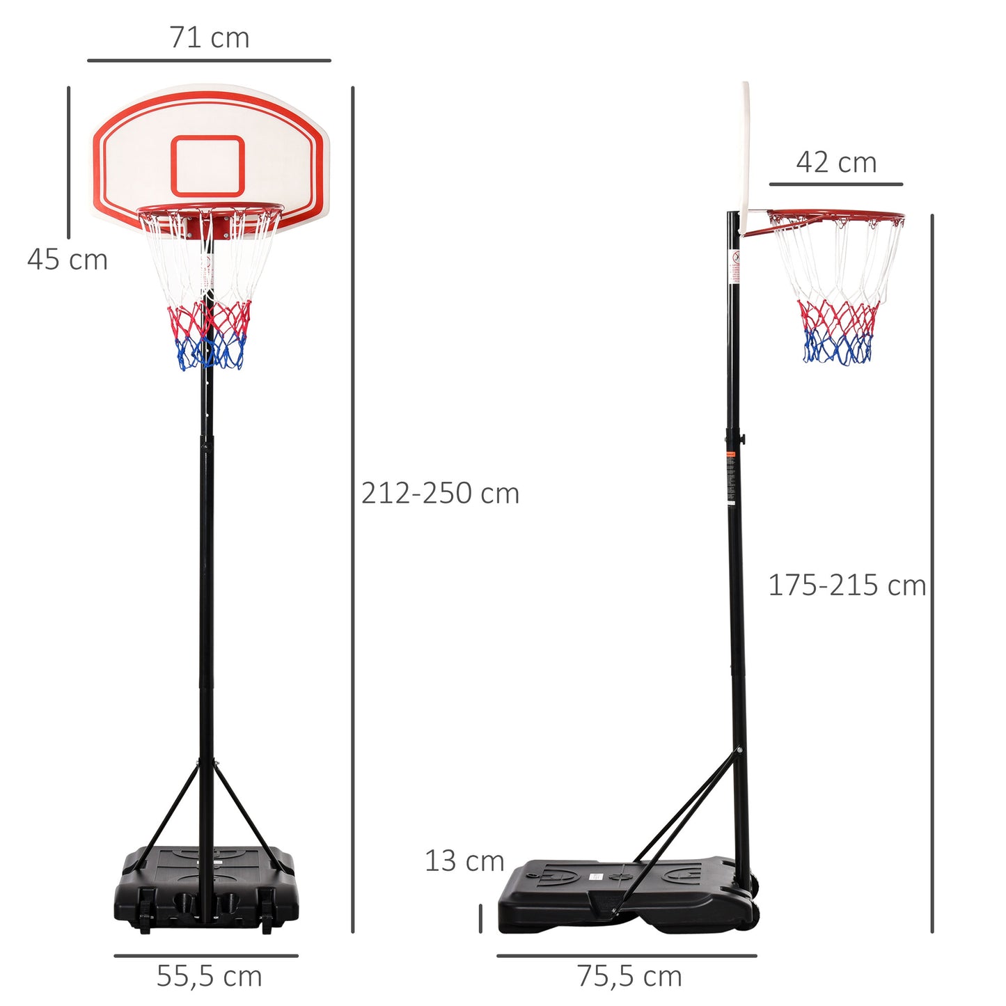 Basketball Hoop and Stand, Portable. 175-215cm Adjustable Height Sturdy Rim Hoop w/ Large Wheels Stable Base Net Free Standing