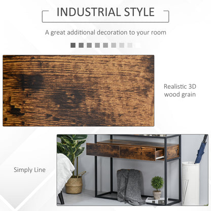 Industrial Style Entryway Console Table Desk with Drawers, Toughened Glass Shelf, 3D Wood Grain