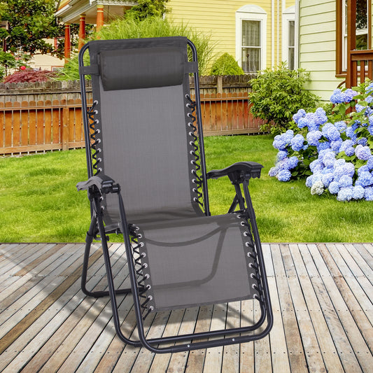 Outsunny Zero Gravity Chair Outdoor Folding & Reclining Sun Lounger with Head Pillow for Patio Decking Gardens Camping, Grey