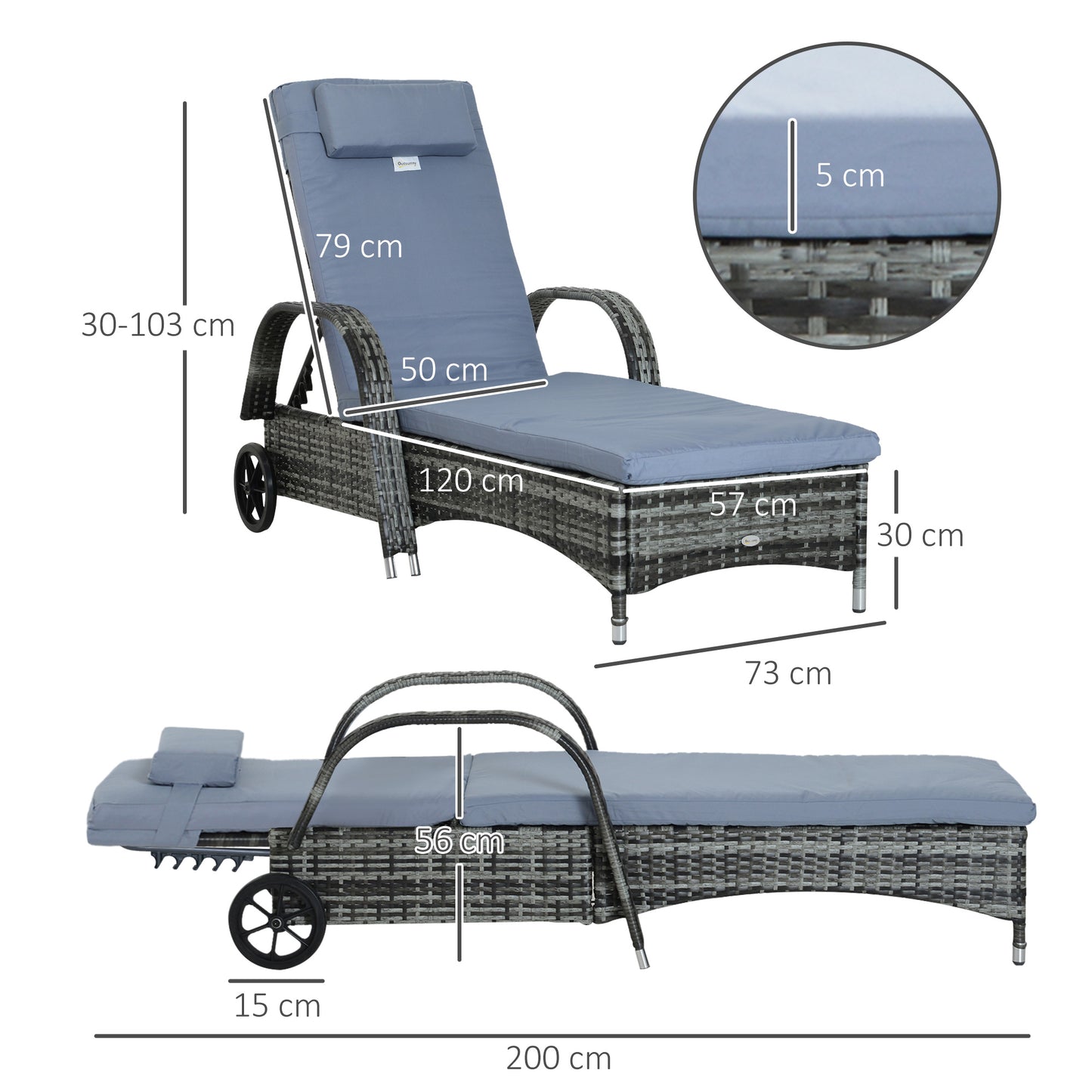 Adjustable Rattan Sun Lounger W/ Cushion, 200Lx73Wx56-103H cm-Grey