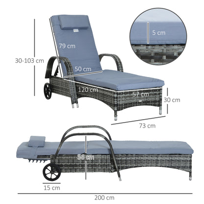 Adjustable Rattan Sun Lounger W/ Cushion, 200Lx73Wx56-103H cm-Grey