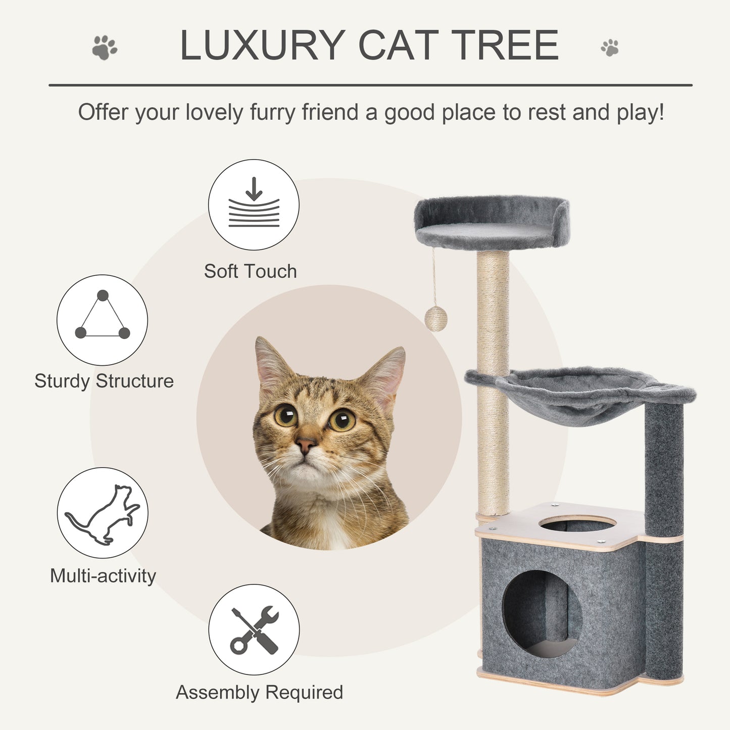 95cm Cat Tree Cat Tower Scratching Post Climbing Tree for Kitty w/Removable Felt Activity Center Grey