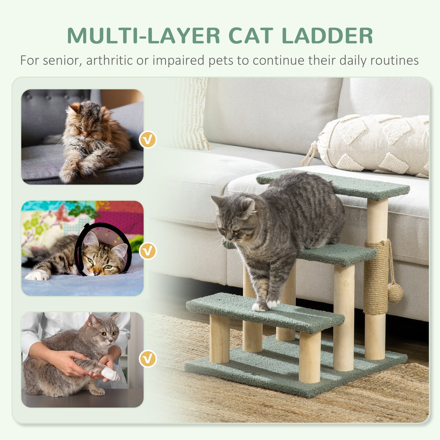 Cat Ladder Cat Tower Scratching Post Climbing Tree for Kitten Activity Center Green