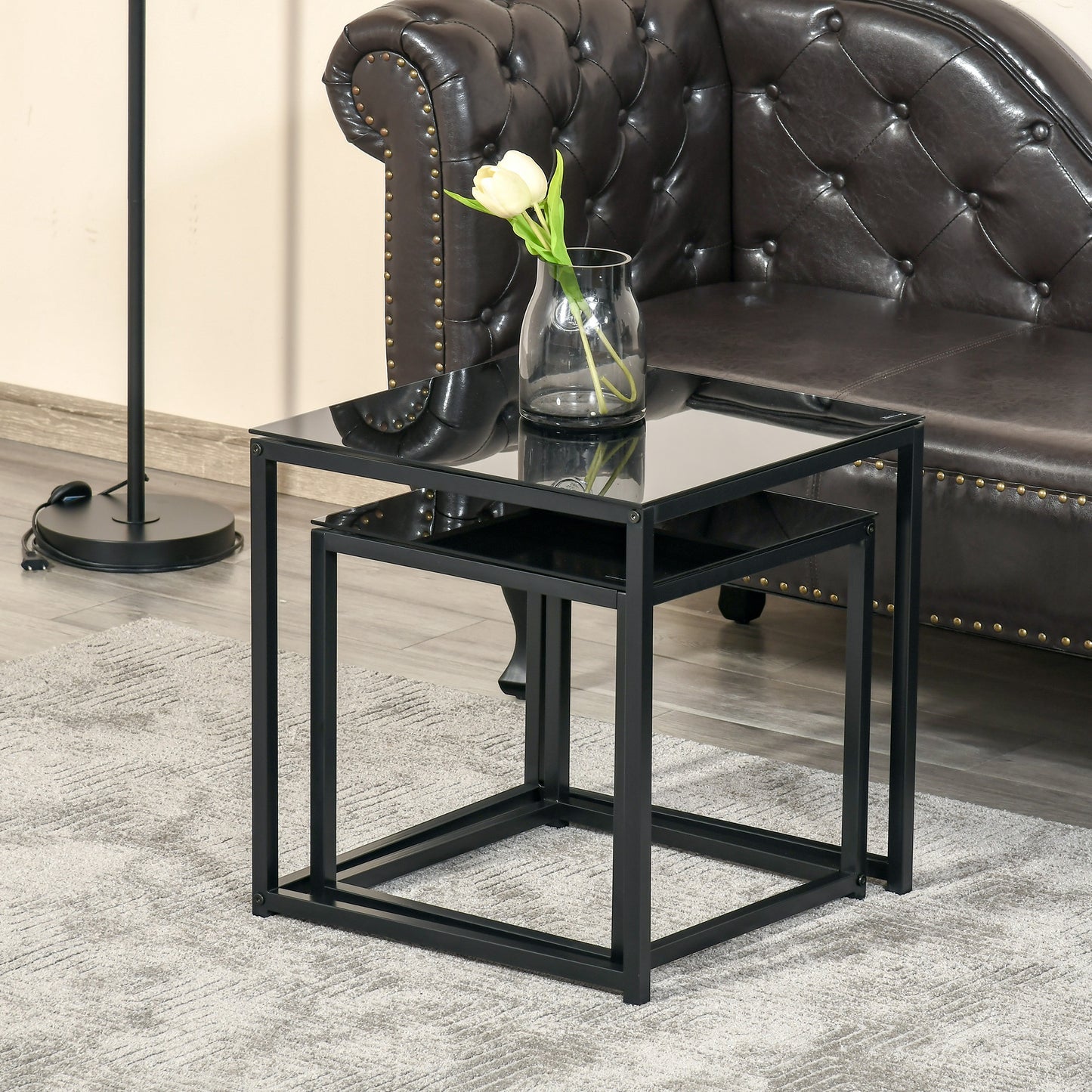 Nesting Tables Side Table, Modern Bedside Tables w/ Tempered Glass Desktop for Living Room Bedroom Office Black