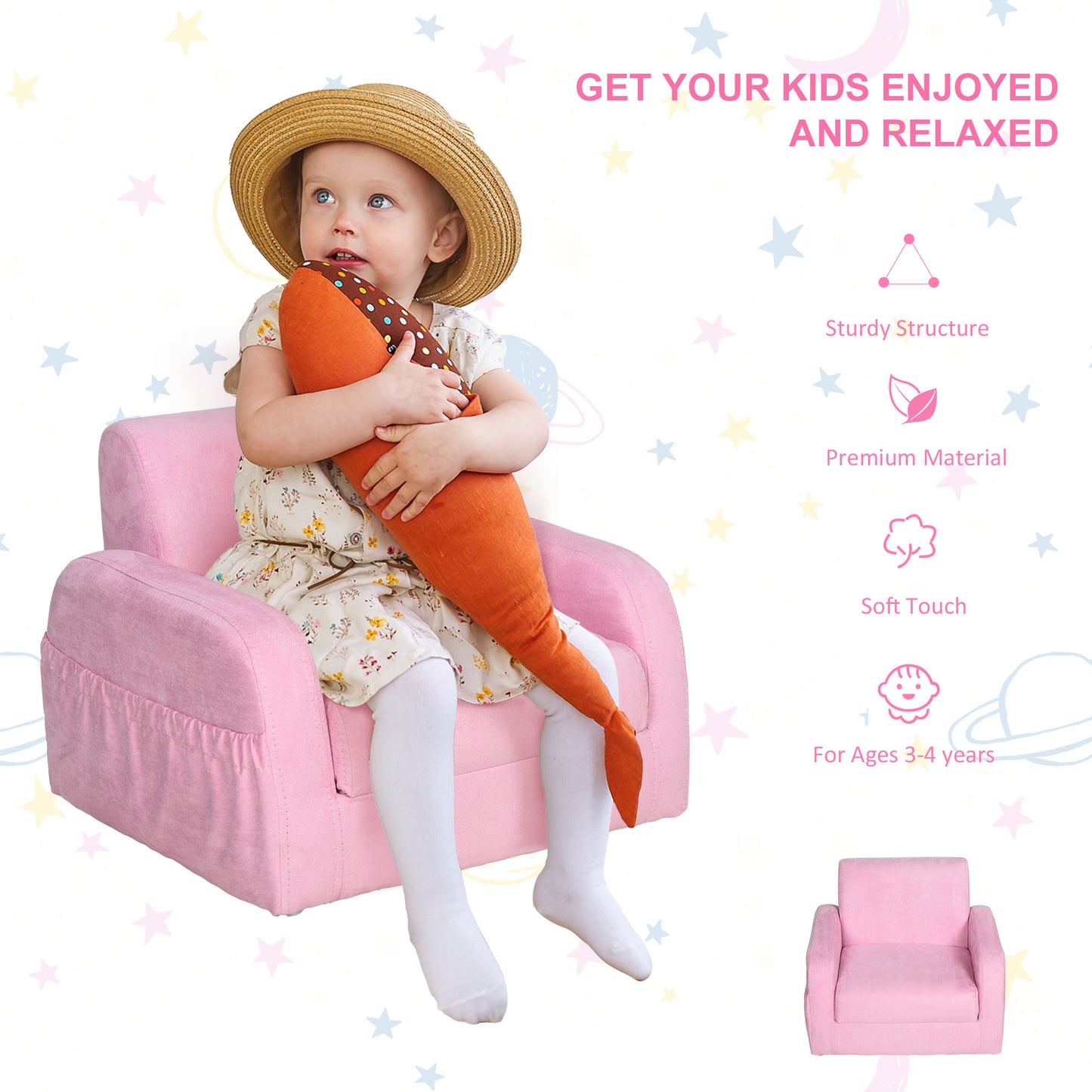 Kids Sofa Children Sofa Multifunctional Durable Flannel Upholstered 2-in-1 Armchair Lounger Anti-Slip Foot Padding - Pink