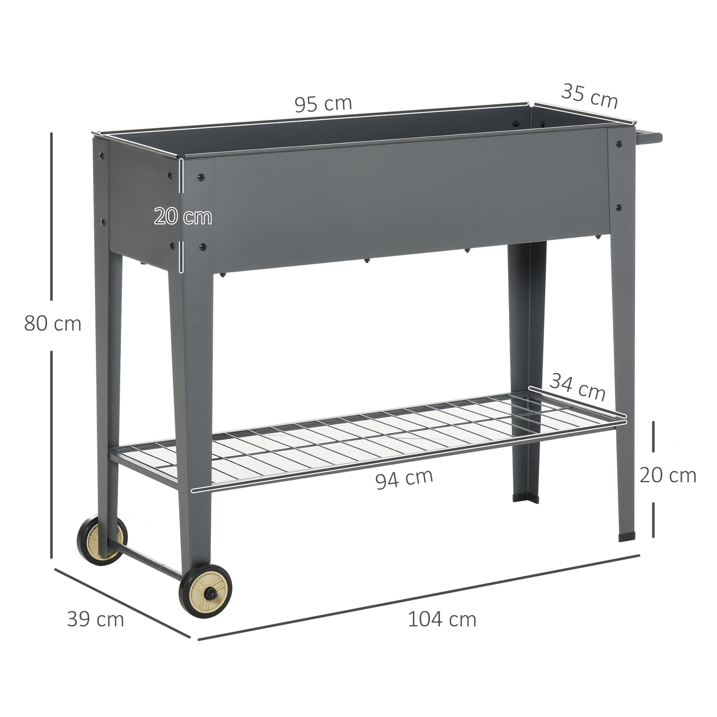 Raised Garden Bed with Wheels, Mobile Planter with Bottom Shelf for Plants and Flowers, Outdoor, Grey, 104 x 39 x 80cm