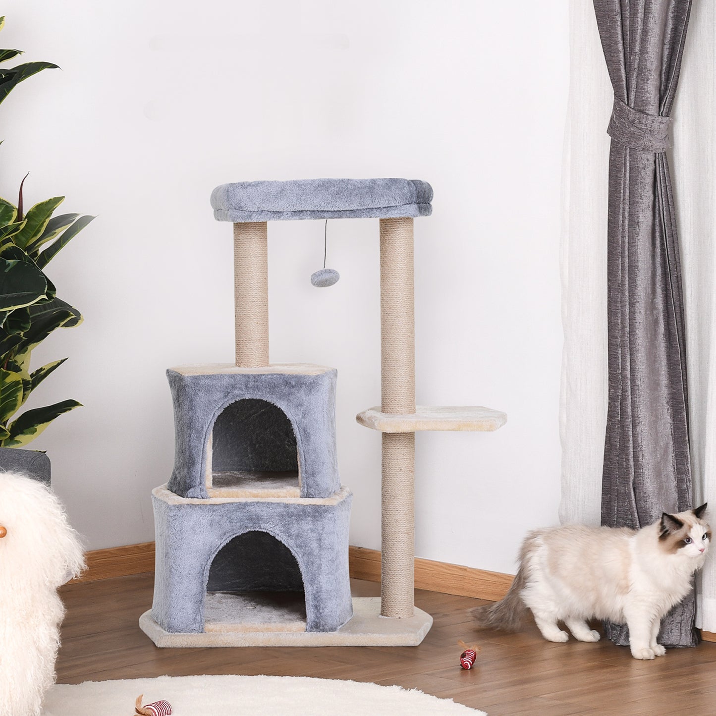 PawHut Cat Cave, 92cm Cat Tree Cat Tower, for Kitten, w/ Scratching Post, Cat Bed, Perch, Grey 