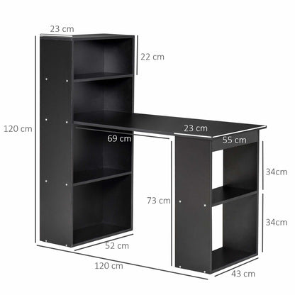 Black Corner Desk, 120cm Modern Computer Desk Bookshelf Writing Table Workstation PC Laptop Study 6 Shelves