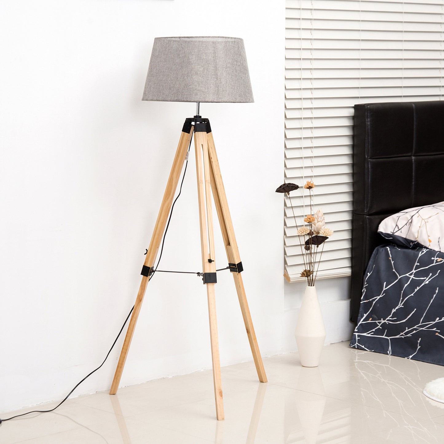 Floor Lights for Bedroom, Wood Floor Lamp, Grey, Tripod,for Living Room Linen Shade E27 Bulb 3.5m Electric Wire Cable Bedside