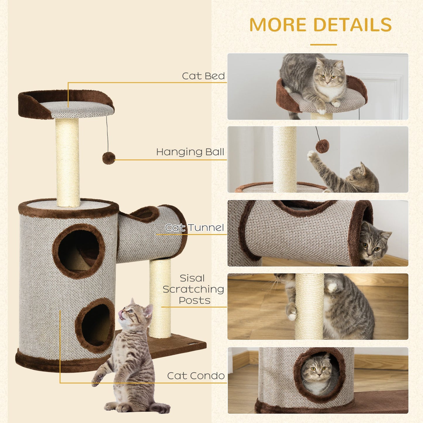 Cat Play Tower, 104cm,  w/Scratching Post for Kitten Activity Center Brown