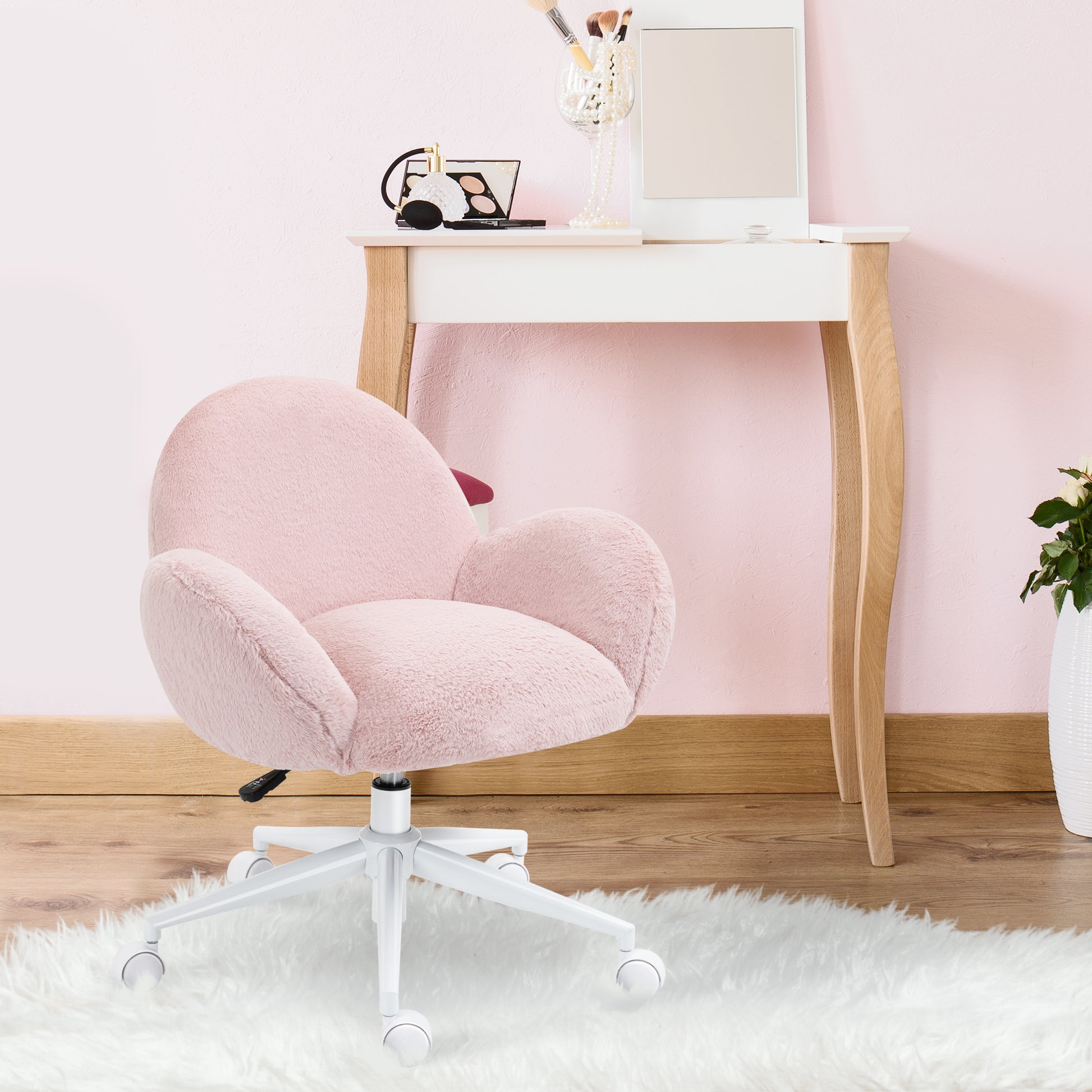 HOMCOM Pink Desk Chair, Faux Fur for Girls, Ladies Home Living Room with Wheels, Pink 