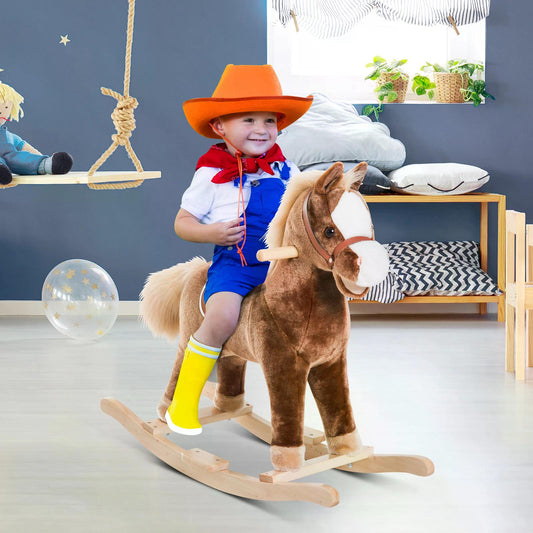 HOMCOM  Baby Horse Rocker Kids Rocking Horse Animal Rocker Wooden Ride On Horse Kids Plush Rocking Horse - Brown 