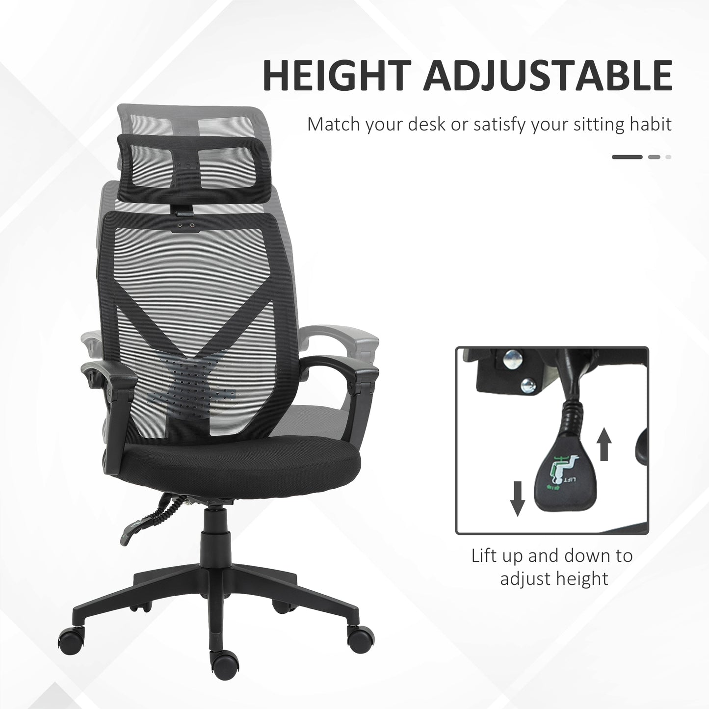 Back Support Chair for Home, Mesh, Ergonomic w/ Removable Headrest 5 Wheels Armrests Support 360° Swivel