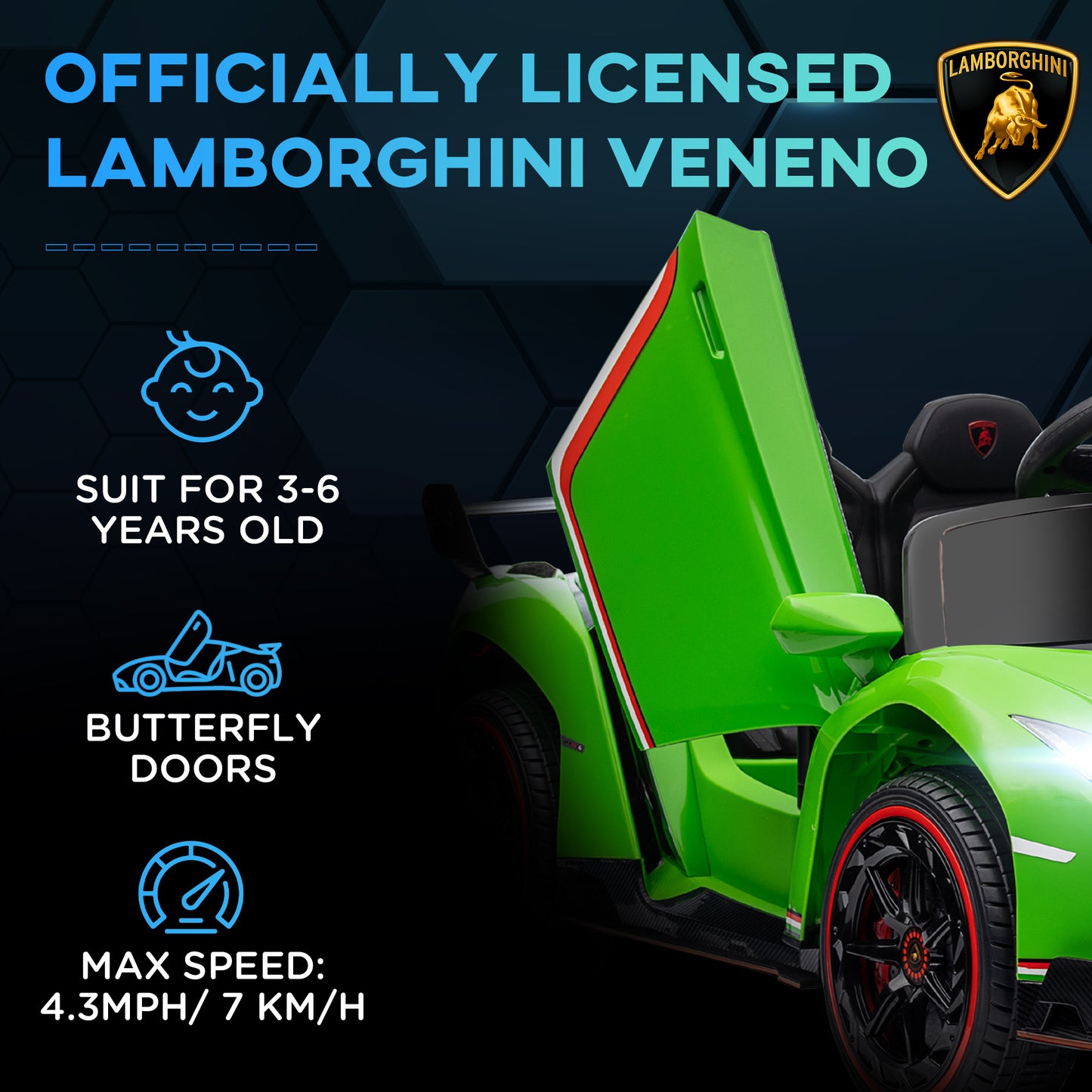 Lamborghini Veneno Licensed 12V Kids Electric Ride on Car w/ Butterfly Doors, Portable Battery, w/ Bluetooth, Green