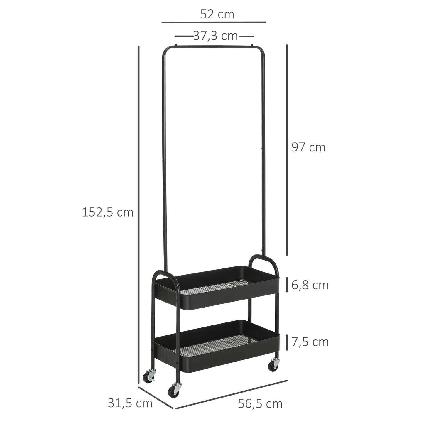 Metal Clothes Rack with Shoe Storage, Clothing Rail on Wheels, Freestanding Hall Tree, Coat Stand with 2 Storage Shelf, Black