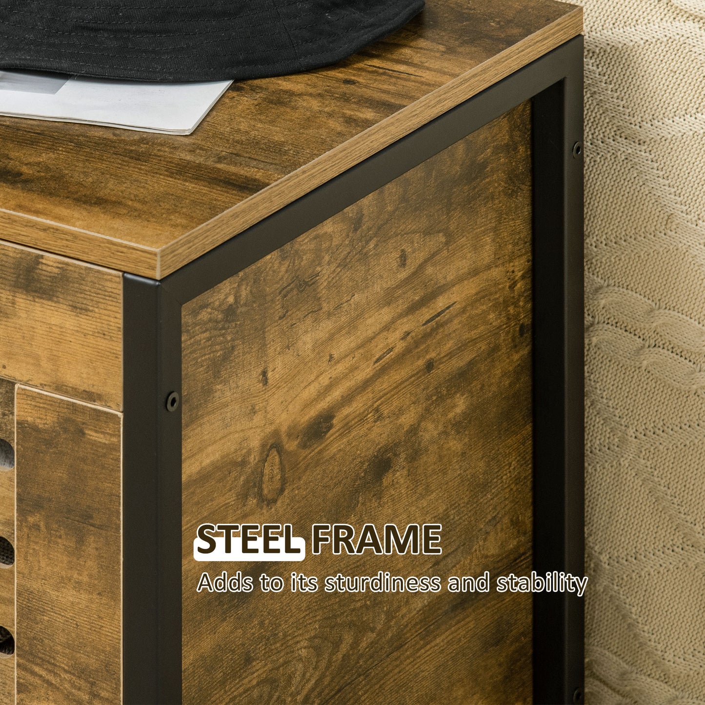 Wooden Storage Box, Industrial Storage Bench, Lift Top Storage Chest, with Lid & Louvred Cabinet Rustic Brown