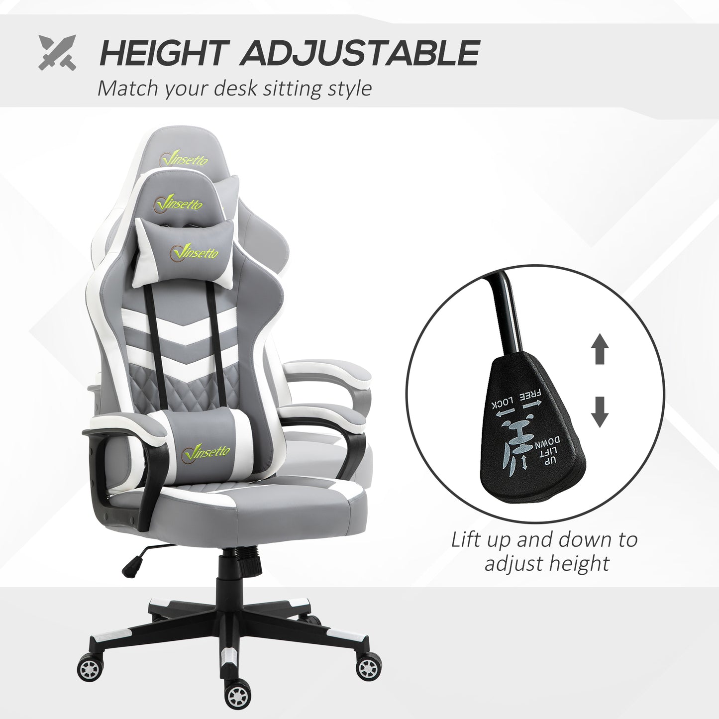 Ergonomic Gaming Chair w/ Lumbar Support, Headrest, Rocking Function, 360° Swivel, Grey White