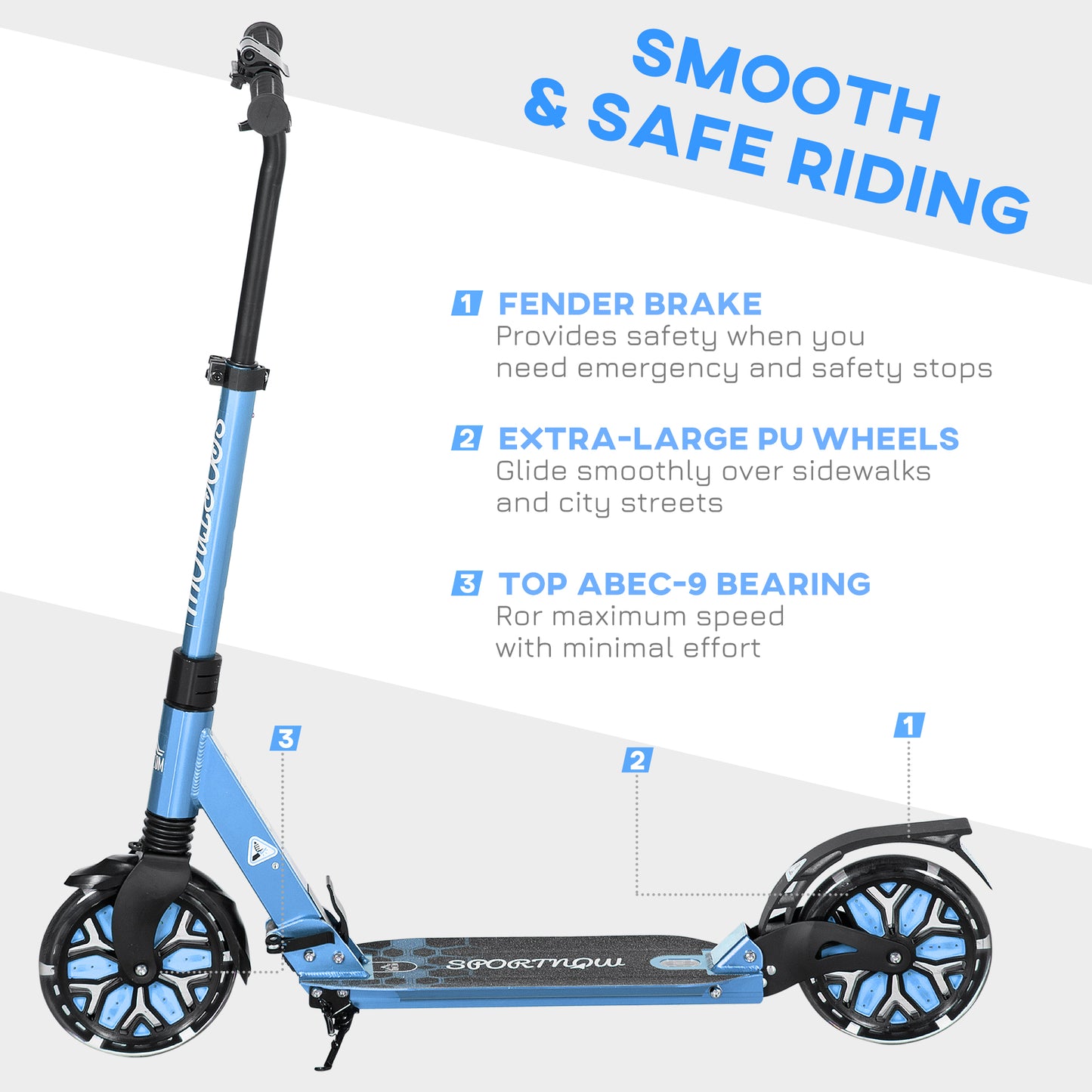 Adult Kick Scooter, with Dual Shock Absorber and ABEC-9 Bearing - Blue