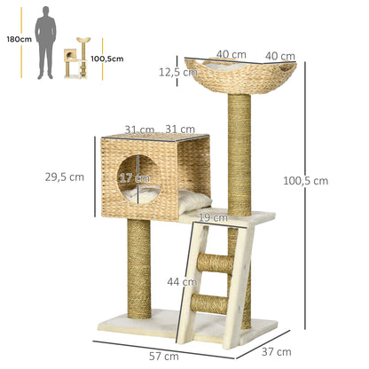 Cat Tower with Cat House Scratching Post Cat Ladder for Kitten Washable Cushion Activity Center Natural