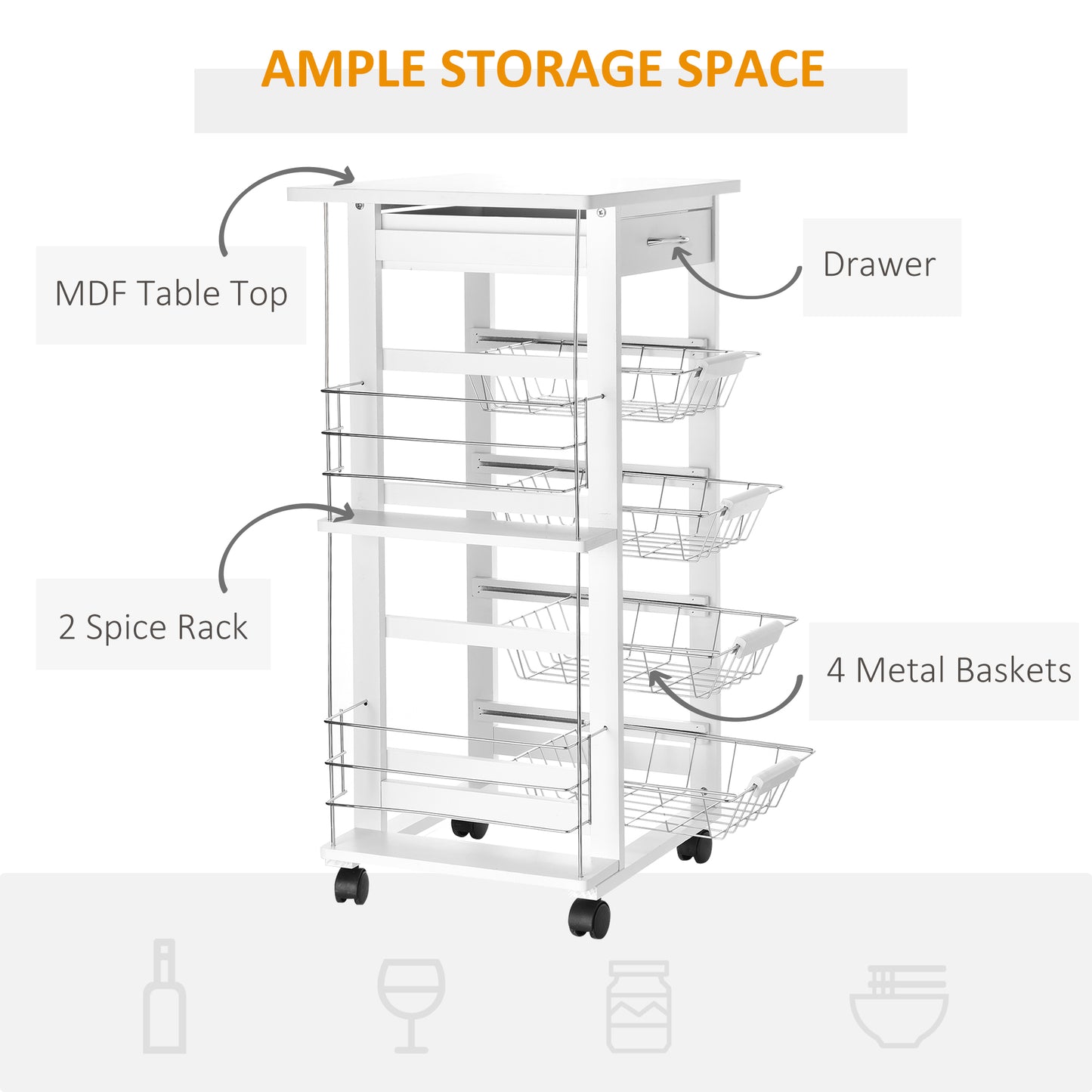 Multi-Use Kitchen Island Trolley w/4 Baskets 2 Side Racks Drawer Worktop 4 Wheels Worktop Food Storage White