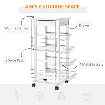 Multi-Use Kitchen Island Trolley w/4 Baskets 2 Side Racks Drawer Worktop 4 Wheels Worktop Food Storage White