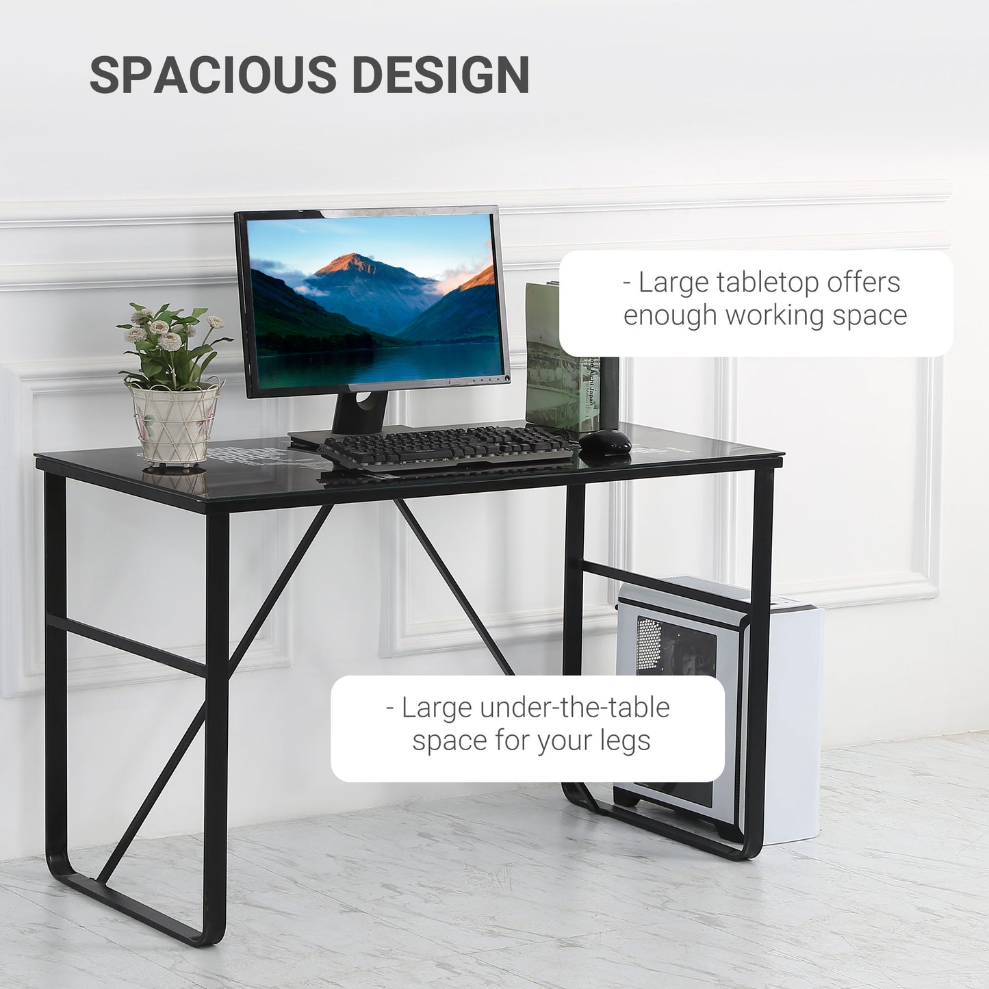 Black Study Desk, w/Glass Top with World Map Printing Working Station Home Office Metal Frame Easy Assembly